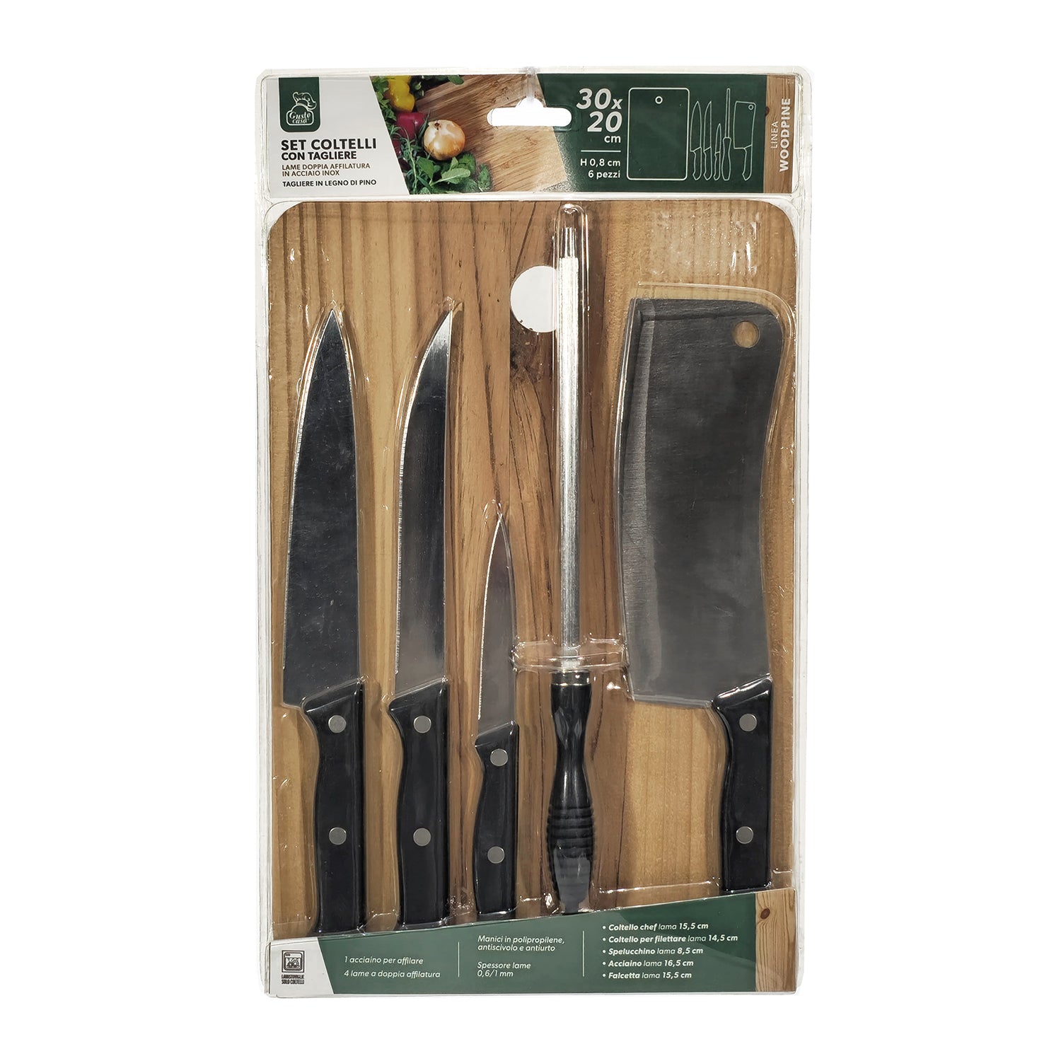 GUSTO CASA - Set Coltelli con tagliere in legno 30x20 cm Linea Woodpine